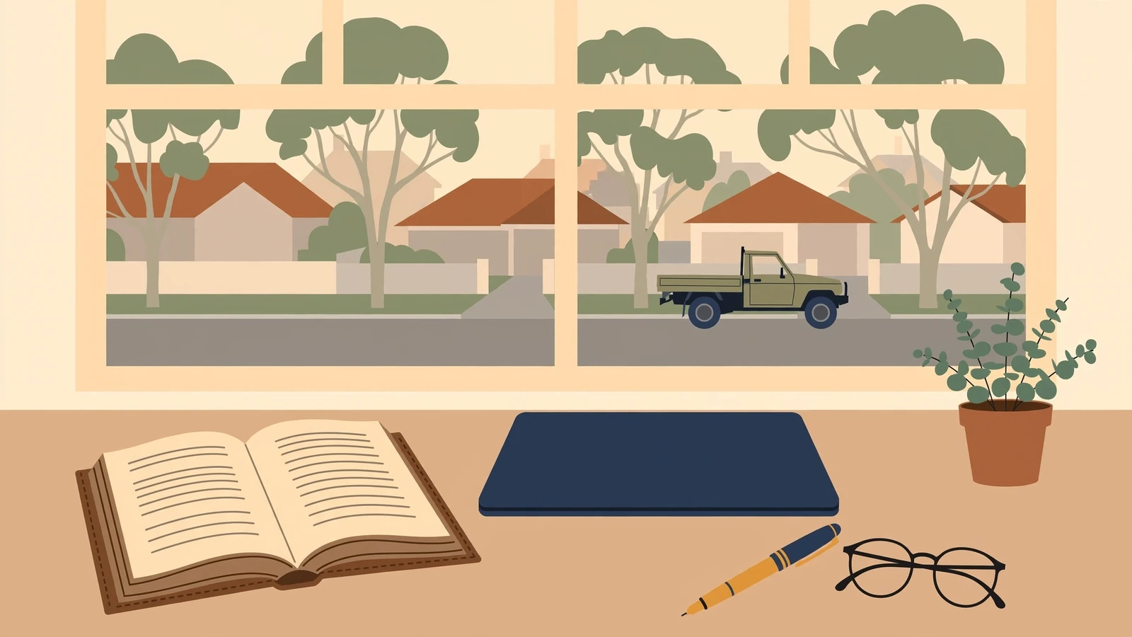 Home office desk with legal book and closed laptop, Australian suburban street view.