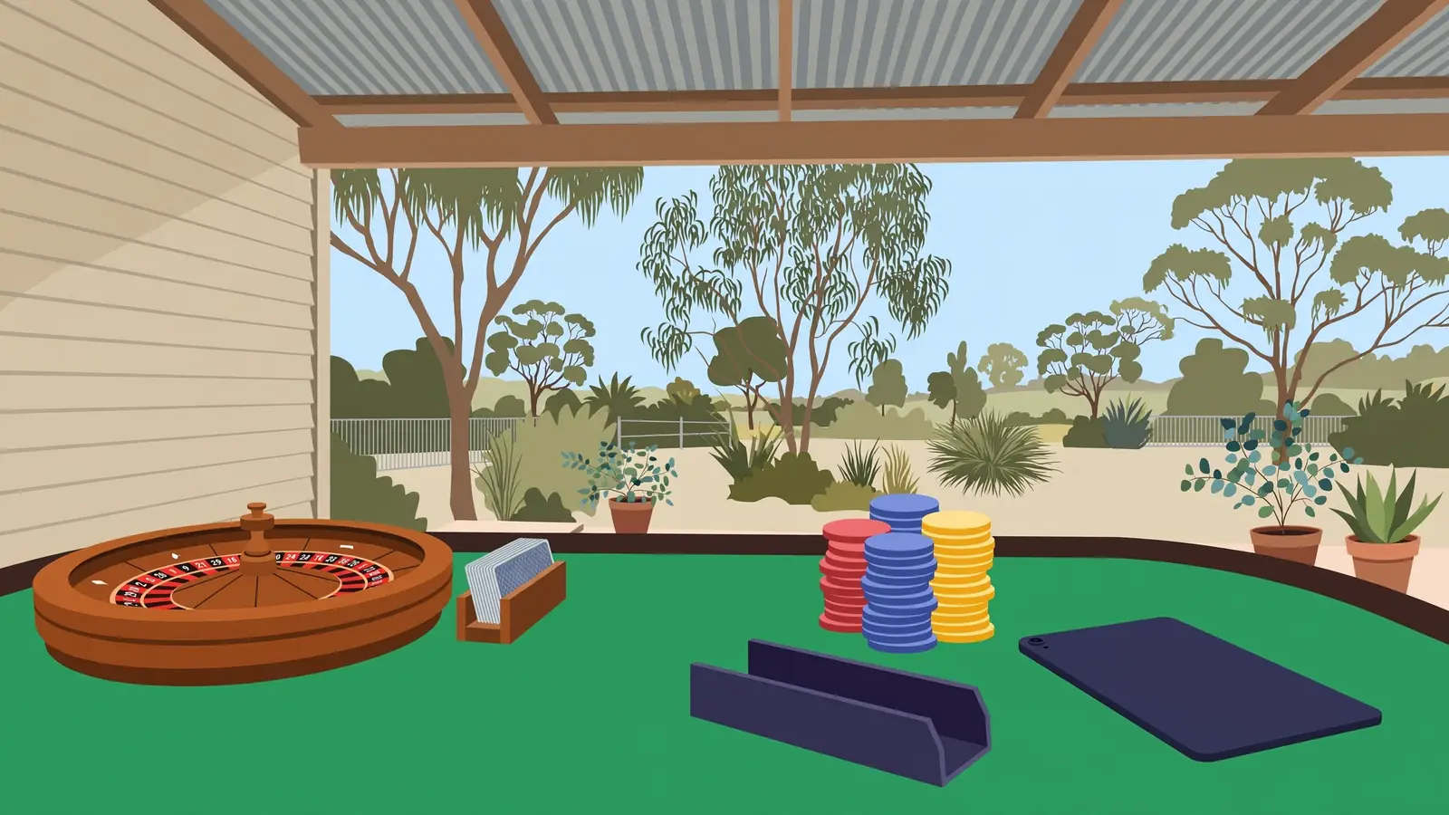 Felt casino table with roulette wheel, card rack and chips, closed tablet nearby.