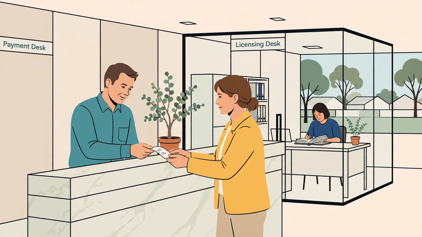 Bank teller handing a receipt, separate regulator office in the background.